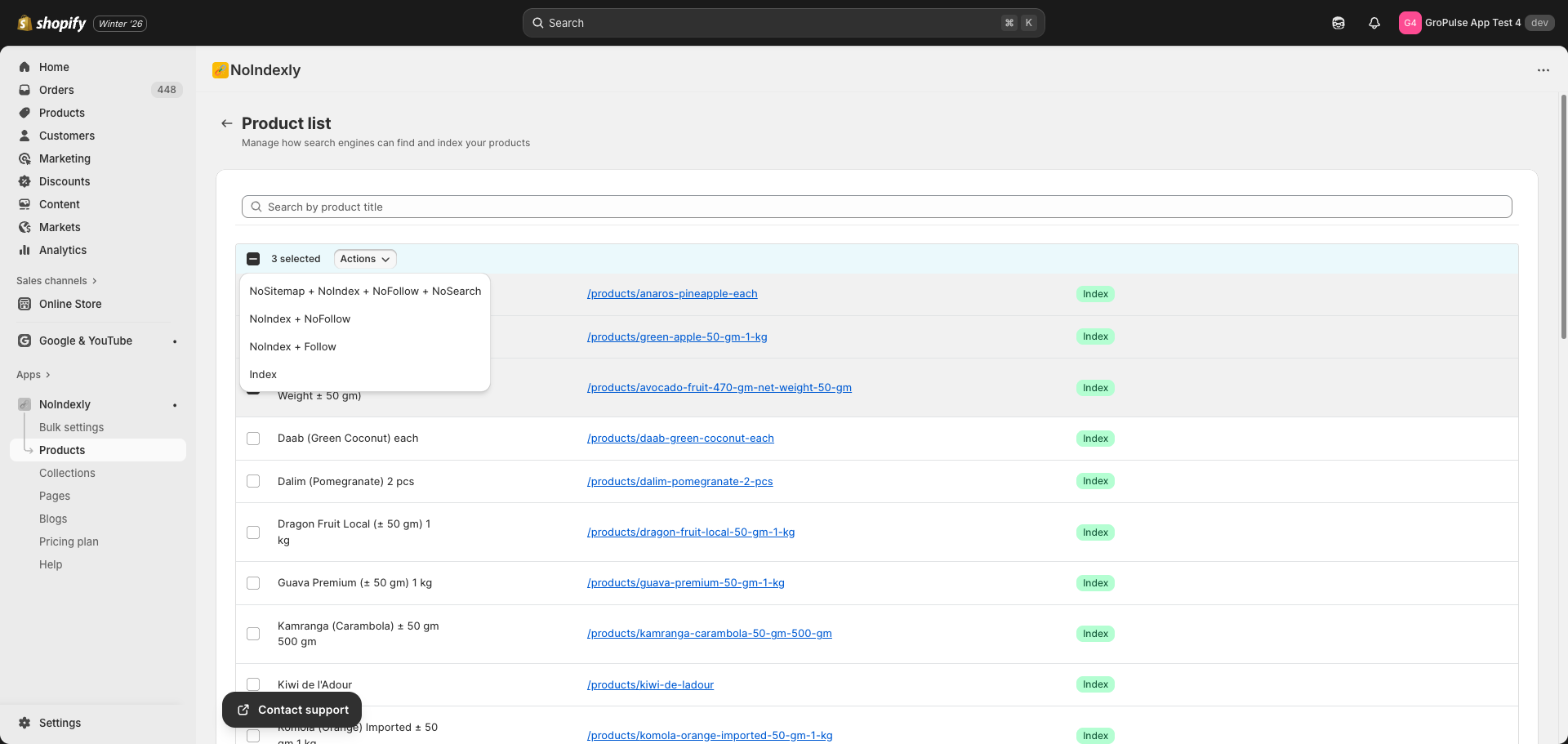 Products Actions Menu