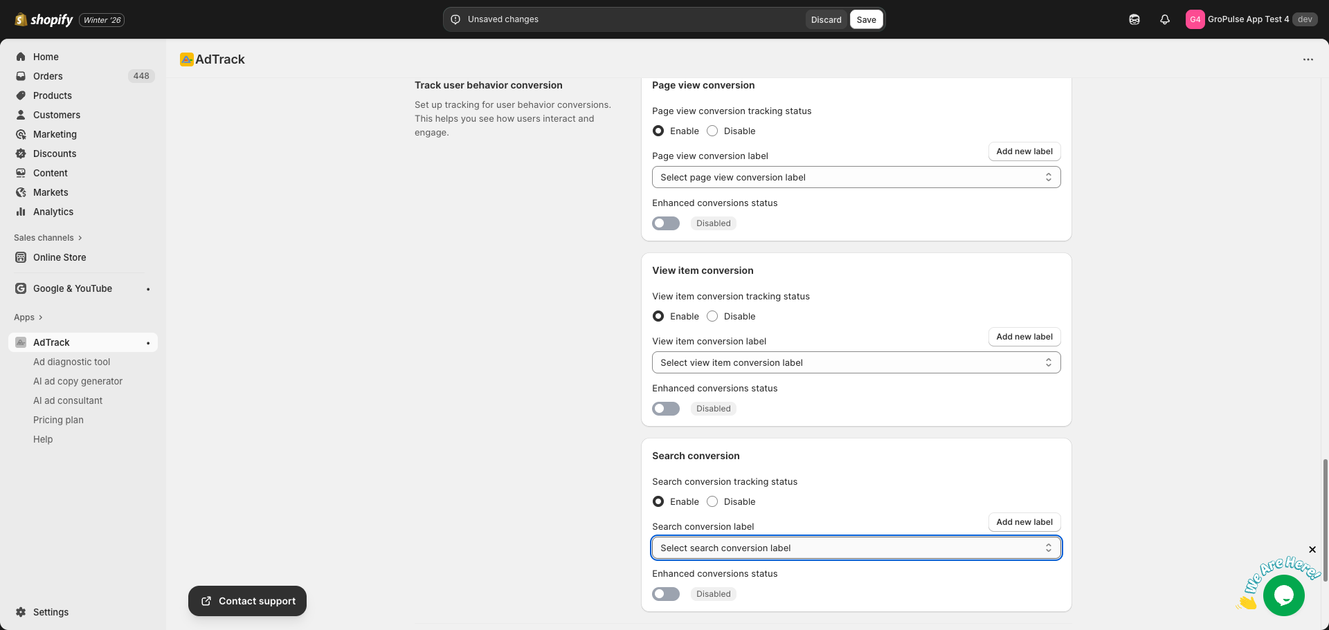 Search Conversion Label dropdown