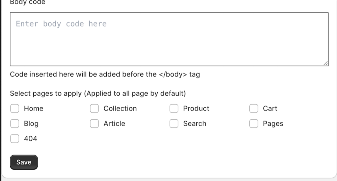 Setup Page - Code Input Areas