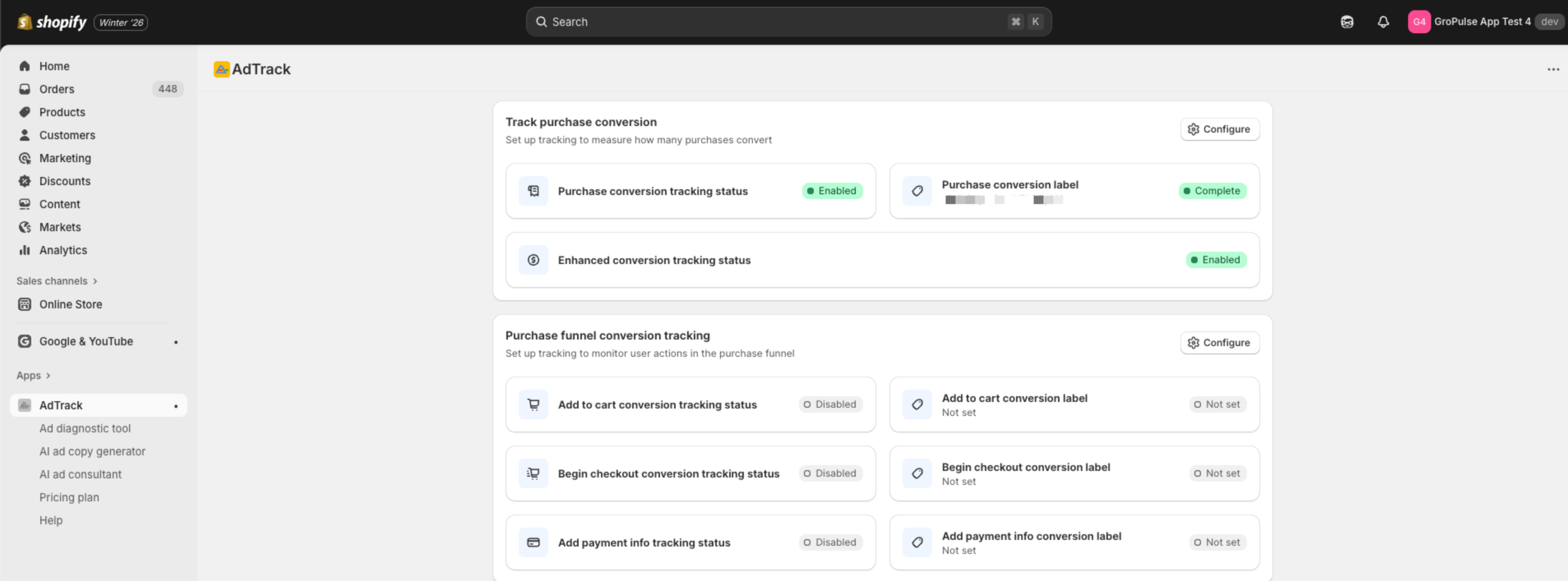 Track Purchase Conversion section