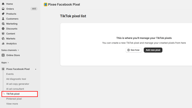 Navigate to the TikTok Pixel section