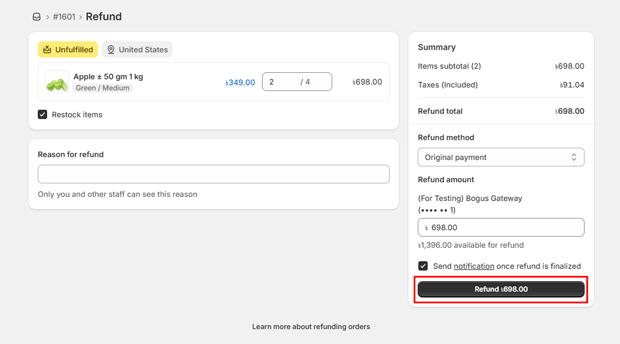 Click Refund to process the return